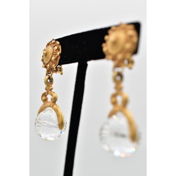 DKNY Vintage Crystal Ball Clip Earrings Antiqued Brushed Gold Signed 1980s BinW - Picture 3 of 12